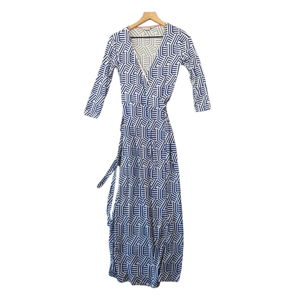 BODEN Womens Geometric Wrap Dress US 4 R Blue White Maxi Jersey Knit Stretch Tie